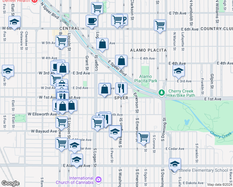 map of restaurants, bars, coffee shops, grocery stores, and more near 130 Pearl Street in Denver