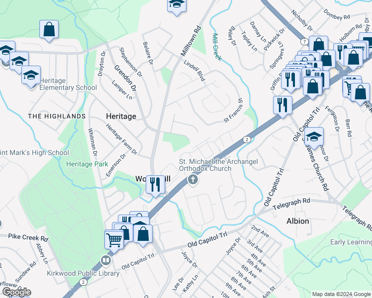 map of restaurants, bars, coffee shops, grocery stores, and more near 5077 West Woodmill Drive in Wilmington