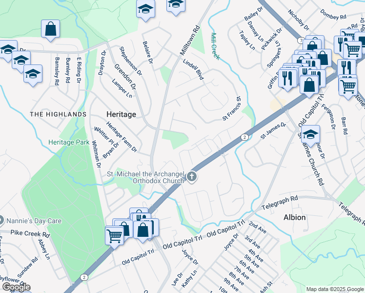 map of restaurants, bars, coffee shops, grocery stores, and more near 5083 West Woodmill Drive in Wilmington