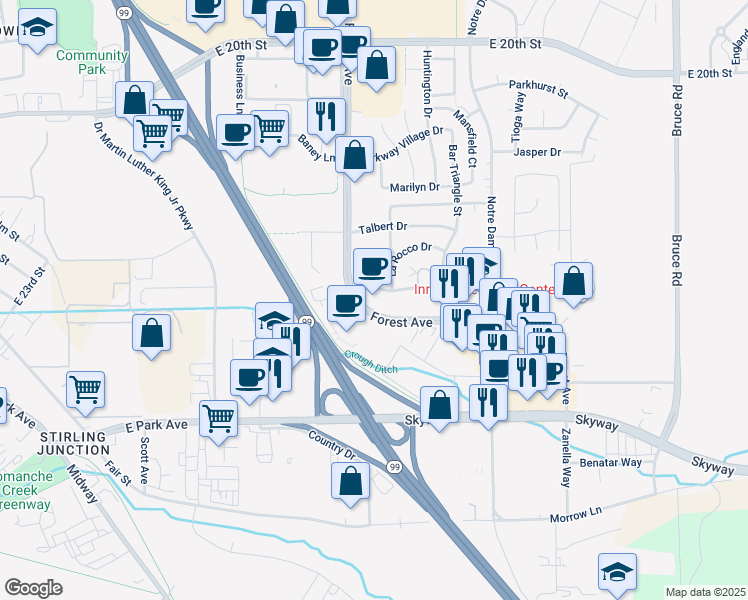 map of restaurants, bars, coffee shops, grocery stores, and more near 555 Flying V Street in Chico