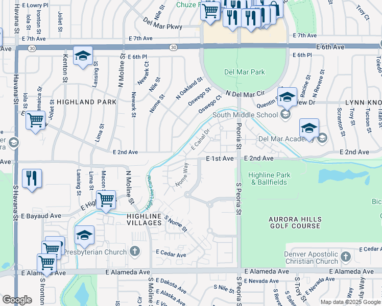 map of restaurants, bars, coffee shops, grocery stores, and more near 11716 East Canal Drive in Aurora