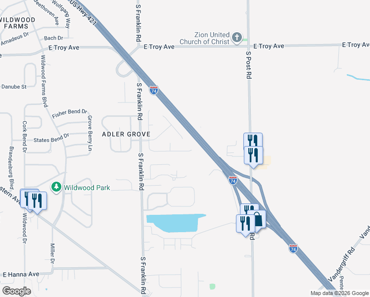map of restaurants, bars, coffee shops, grocery stores, and more near 8615 Coralberry Lane in Indianapolis