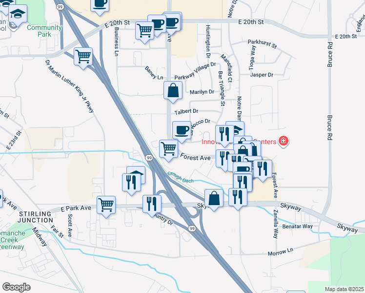 map of restaurants, bars, coffee shops, grocery stores, and more near 555 Flying V Street in Chico