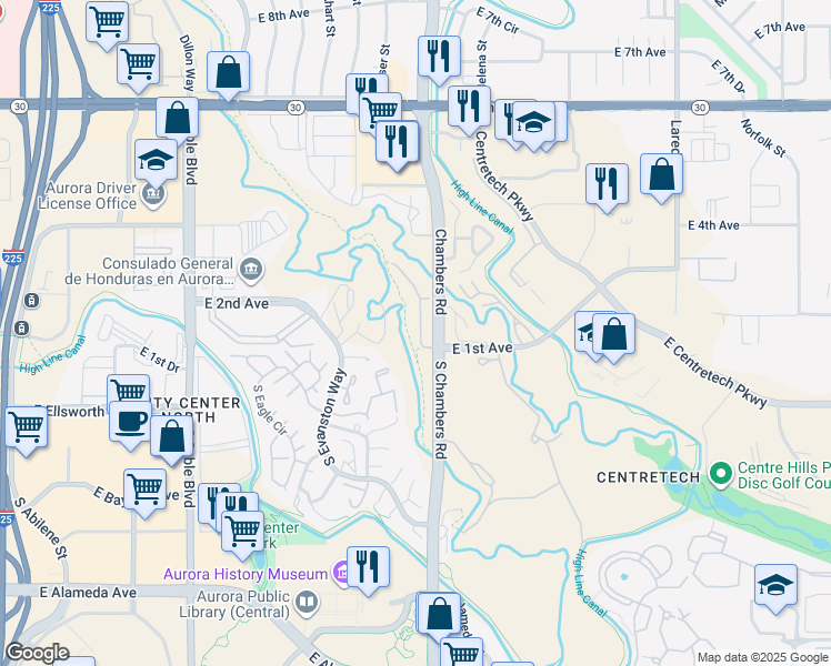 map of restaurants, bars, coffee shops, grocery stores, and more near 141 Granby Way in Aurora