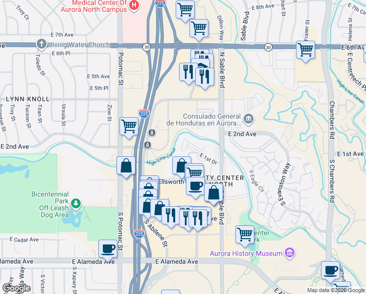 map of restaurants, bars, coffee shops, grocery stores, and more near 14261 East 1st Drive in Aurora