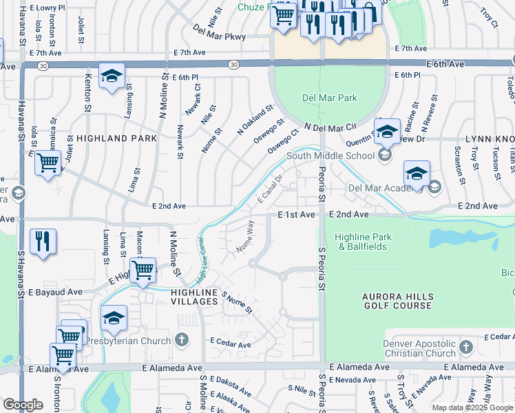 map of restaurants, bars, coffee shops, grocery stores, and more near 11716 East Canal Drive in Aurora