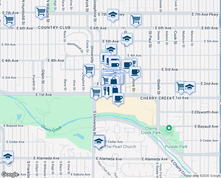 map of restaurants, bars, coffee shops, grocery stores, and more near 101 Clayton Lane in Denver