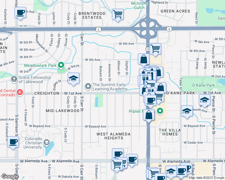 map of restaurants, bars, coffee shops, grocery stores, and more near 90 Ammons Street in Lakewood