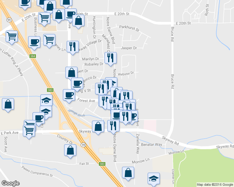 map of restaurants, bars, coffee shops, grocery stores, and more near in Chico