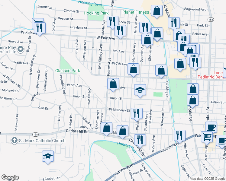 map of restaurants, bars, coffee shops, grocery stores, and more near 3000 Pierce Avenue in Lancaster