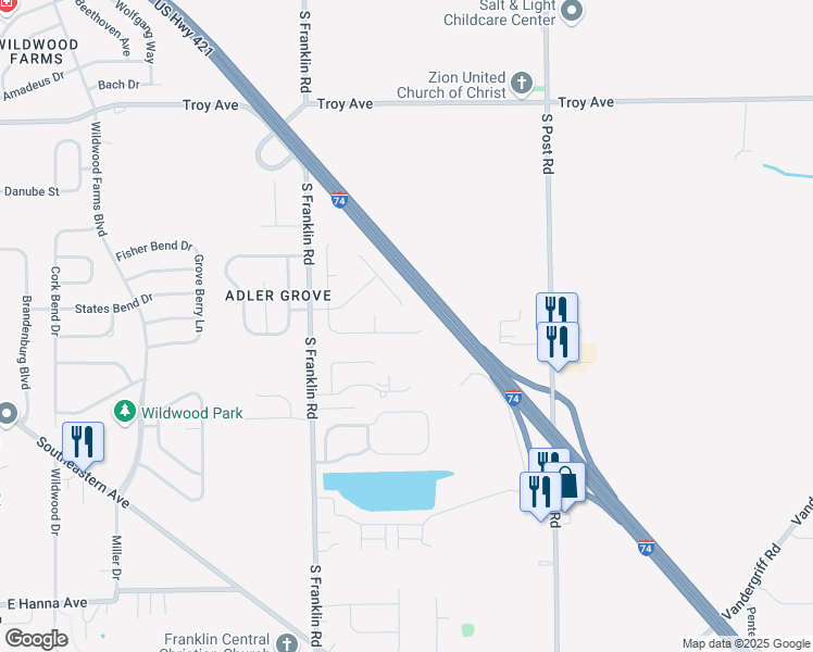 map of restaurants, bars, coffee shops, grocery stores, and more near 8615 Coralberry Lane in Indianapolis