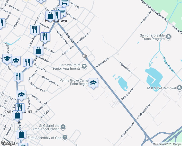 map of restaurants, bars, coffee shops, grocery stores, and more near 11 South Dupont Road in Carneys Point Township