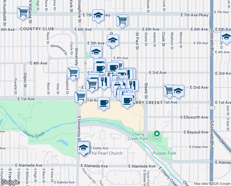map of restaurants, bars, coffee shops, grocery stores, and more near 105 Fillmore Street in Denver