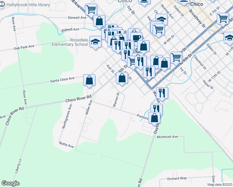 map of restaurants, bars, coffee shops, grocery stores, and more near 1406 West 7th Street in Chico