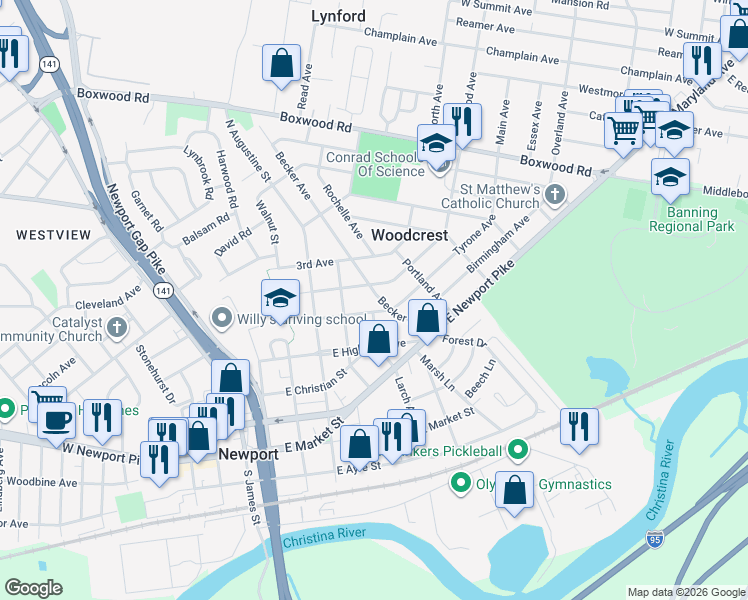 map of restaurants, bars, coffee shops, grocery stores, and more near 405 1st Avenue in Wilmington