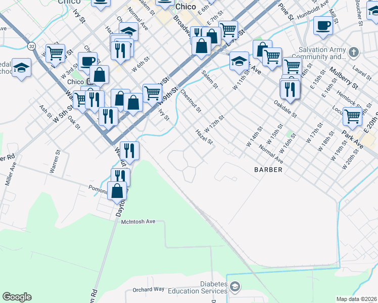 map of restaurants, bars, coffee shops, grocery stores, and more near 1210 Ivy Street in Chico