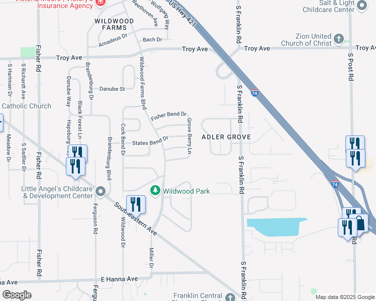 map of restaurants, bars, coffee shops, grocery stores, and more near 8131 Grove Berry Drive in Indianapolis