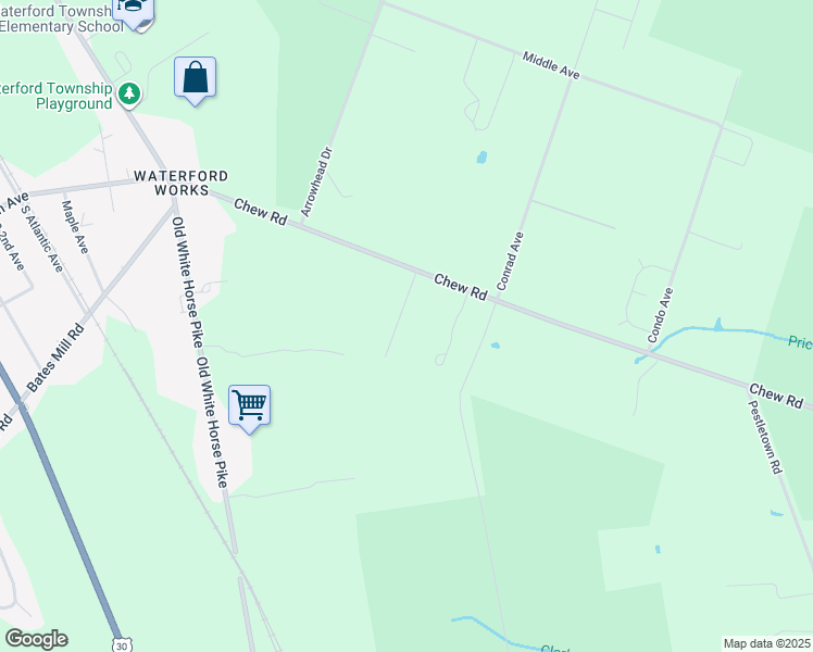 map of restaurants, bars, coffee shops, grocery stores, and more near 1117 Chew Road in Waterford