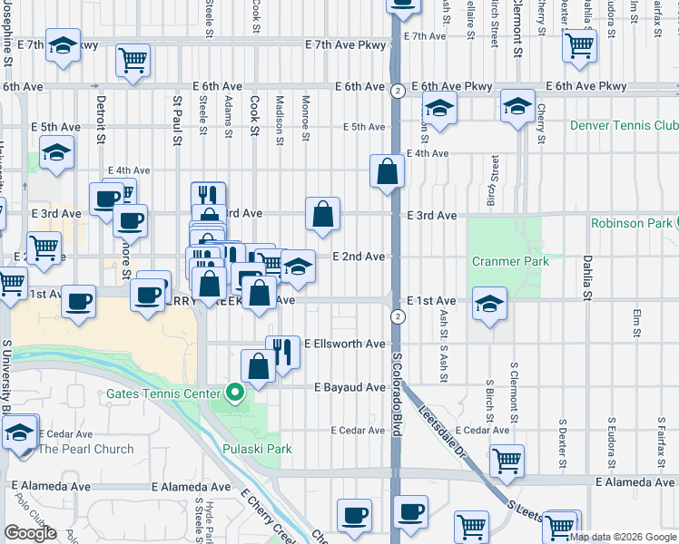 map of restaurants, bars, coffee shops, grocery stores, and more near 150 Garfield Street in Denver
