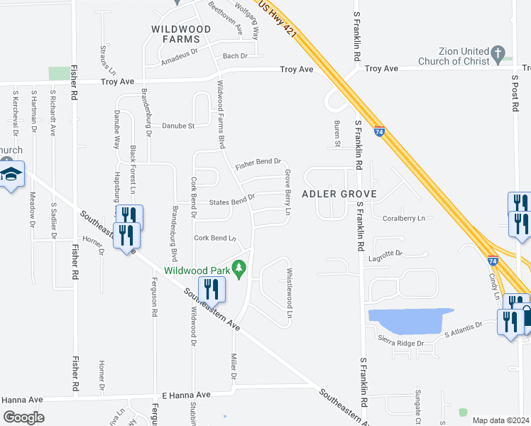 map of restaurants, bars, coffee shops, grocery stores, and more near 8053 Grove Berry Drive in Indianapolis