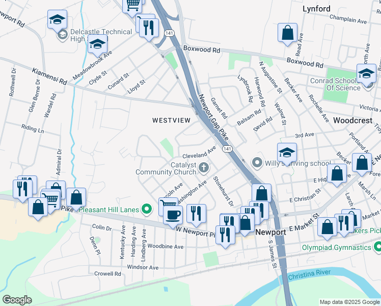 map of restaurants, bars, coffee shops, grocery stores, and more near 404 Cleveland Avenue in Wilmington