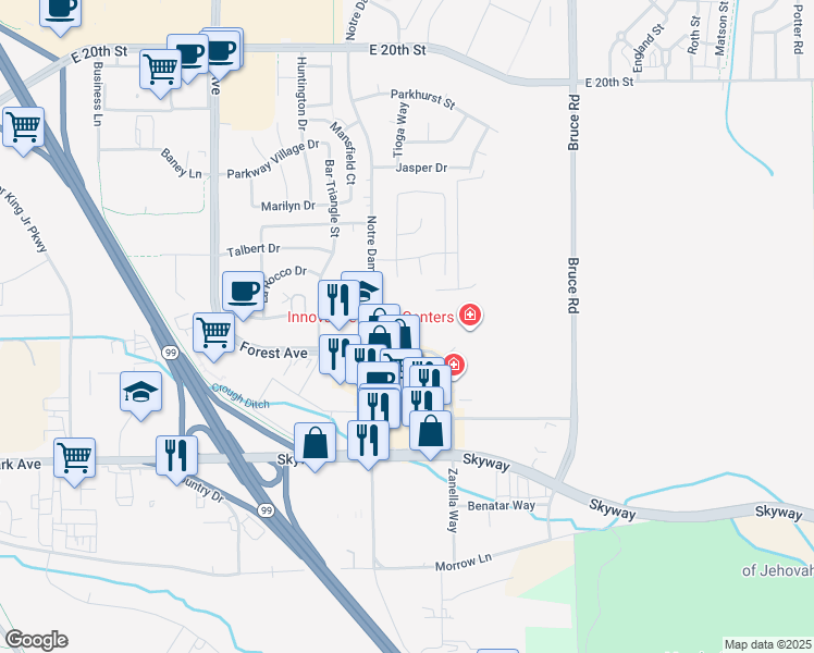 map of restaurants, bars, coffee shops, grocery stores, and more near 99 Fremont Street in Chico
