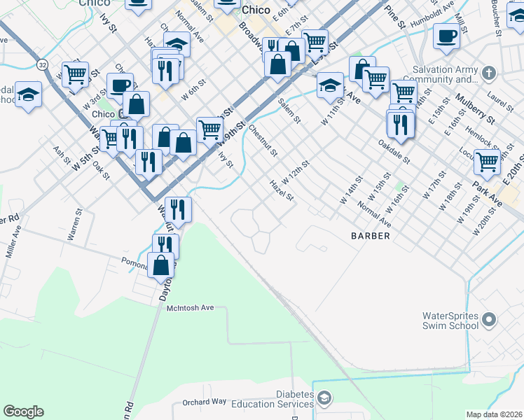 map of restaurants, bars, coffee shops, grocery stores, and more near 1212 Ivy Street in Chico