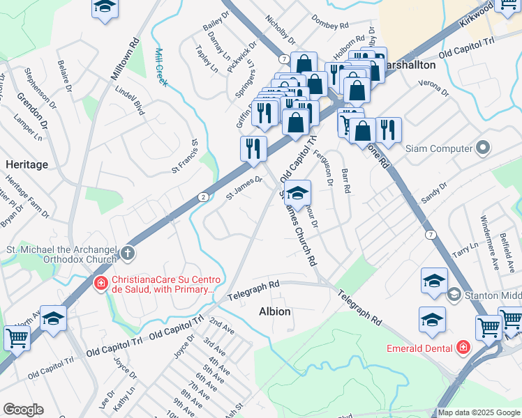 map of restaurants, bars, coffee shops, grocery stores, and more near 4911 Old Capitol Trail in Wilmington