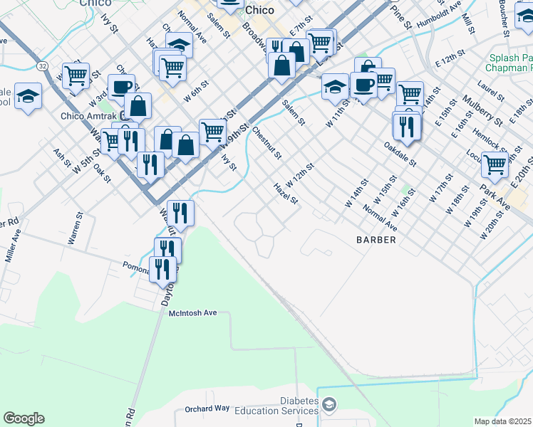 map of restaurants, bars, coffee shops, grocery stores, and more near 1212 Ivy Street in Chico