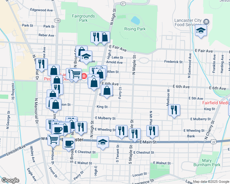 map of restaurants, bars, coffee shops, grocery stores, and more near 342 East 5th Avenue in Lancaster