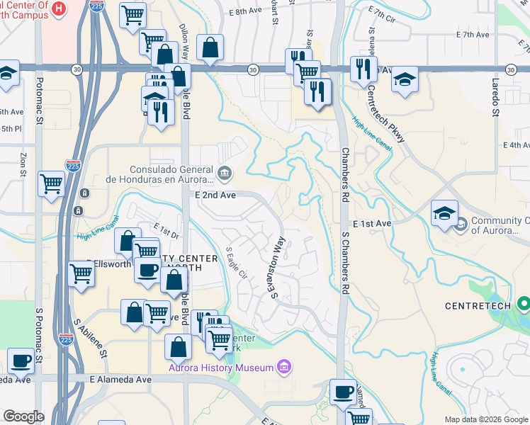 map of restaurants, bars, coffee shops, grocery stores, and more near 14896 East 2nd Avenue in Aurora