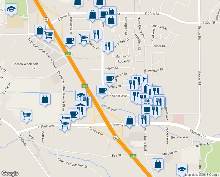 map of restaurants, bars, coffee shops, grocery stores, and more near 555 Flying V Street in Chico