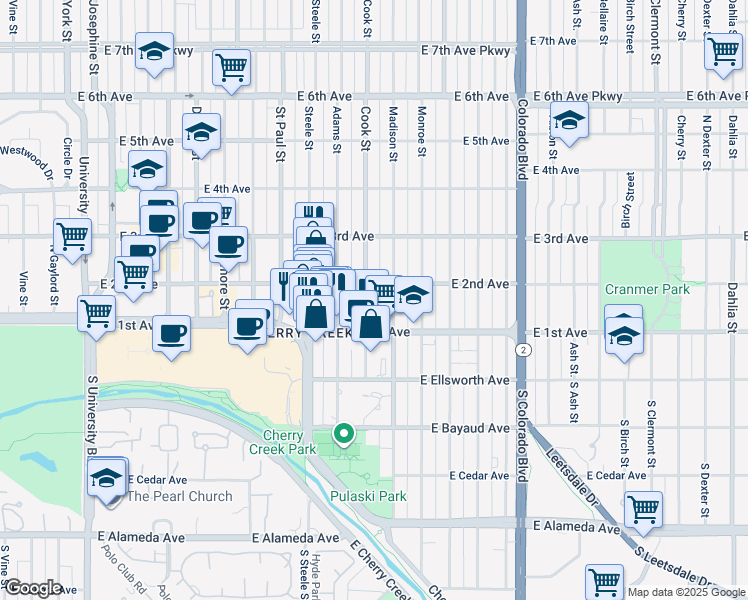 map of restaurants, bars, coffee shops, grocery stores, and more near 180 Cook Street in Denver