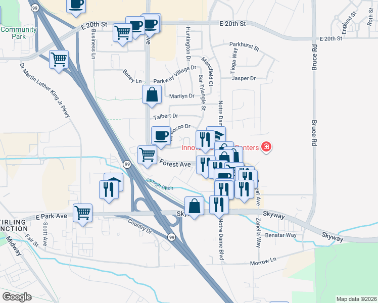 map of restaurants, bars, coffee shops, grocery stores, and more near 993 Flying V Street in Chico