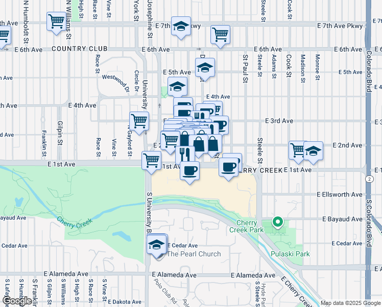 map of restaurants, bars, coffee shops, grocery stores, and more near 150 Clayton Lane in Denver