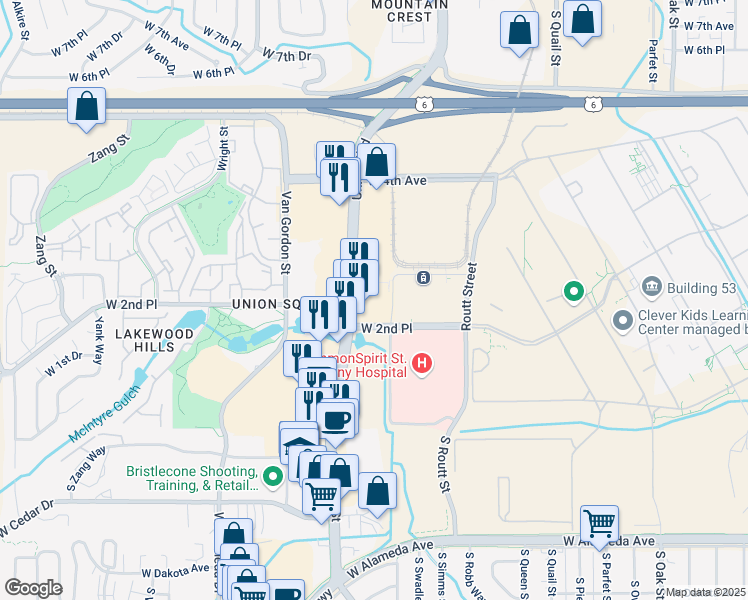 map of restaurants, bars, coffee shops, grocery stores, and more near in Lakewood