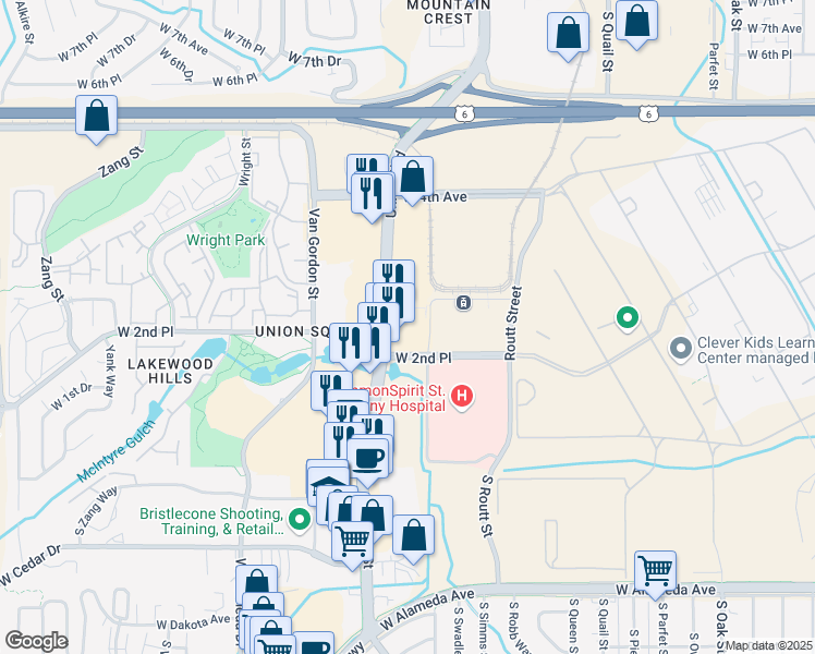map of restaurants, bars, coffee shops, grocery stores, and more near in Lakewood