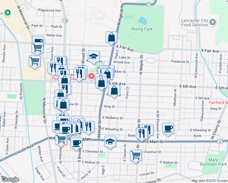 map of restaurants, bars, coffee shops, grocery stores, and more near 222 East 5th Avenue in Lancaster