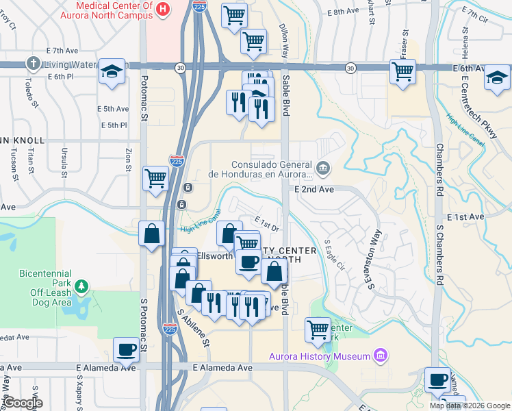 map of restaurants, bars, coffee shops, grocery stores, and more near 14353 East 1st Drive in Aurora