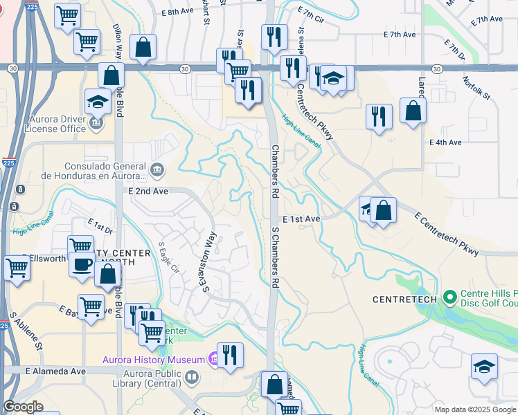 map of restaurants, bars, coffee shops, grocery stores, and more near 141 Granby Way in Aurora
