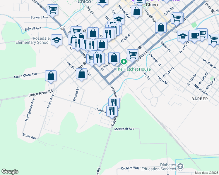 map of restaurants, bars, coffee shops, grocery stores, and more near 904 Walnut Street in Chico