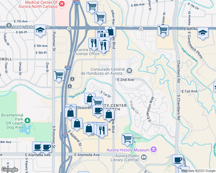 map of restaurants, bars, coffee shops, grocery stores, and more near 14495 East 1st Drive in Aurora
