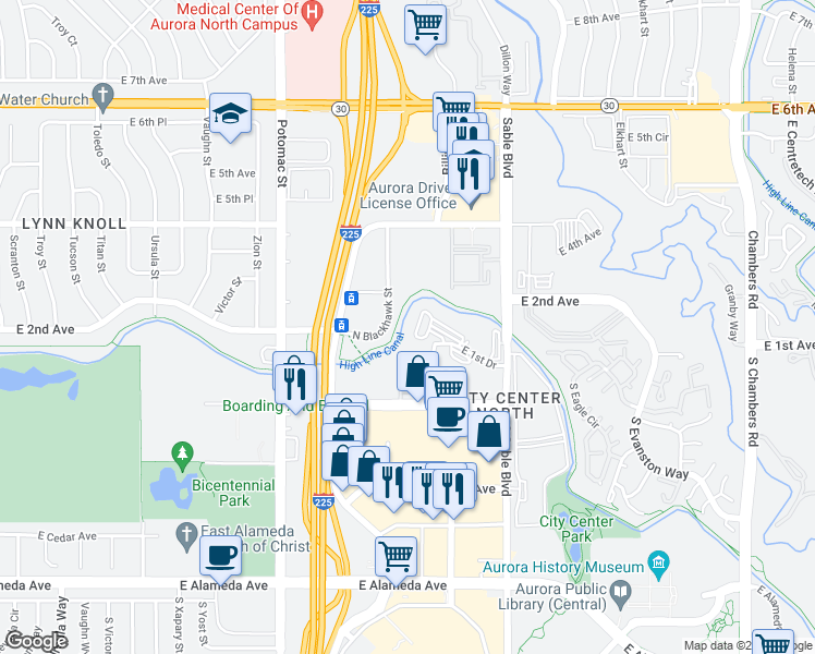 map of restaurants, bars, coffee shops, grocery stores, and more near 14261 East 1st Drive in Aurora