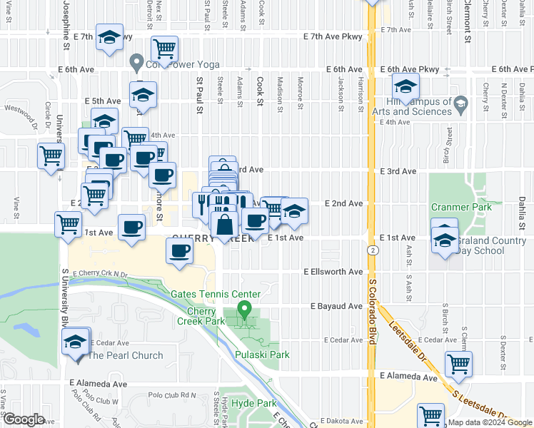 map of restaurants, bars, coffee shops, grocery stores, and more near 121 Cook Street in Denver