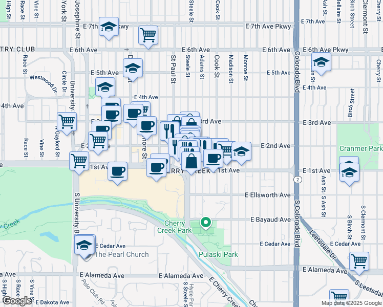 map of restaurants, bars, coffee shops, grocery stores, and more near 135 Adams Street in Denver