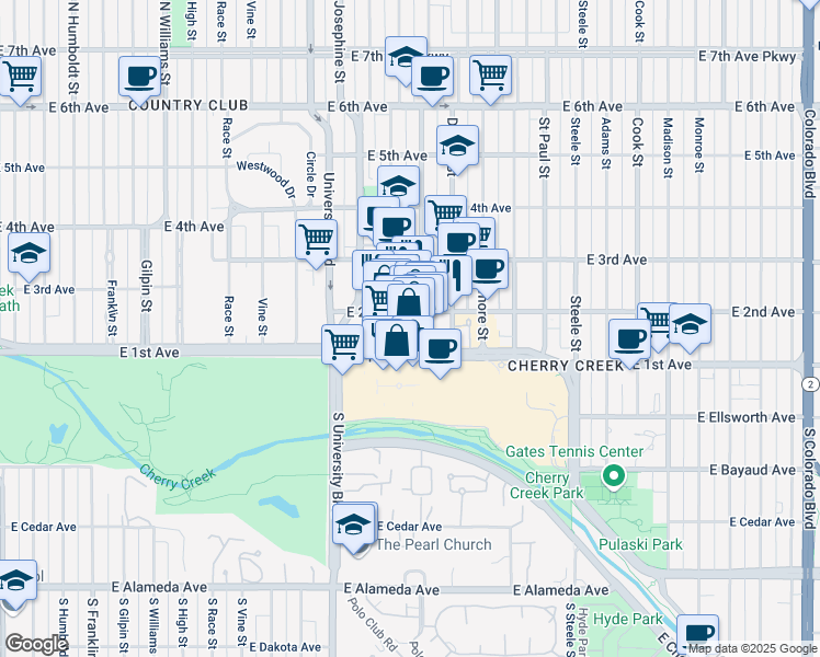 map of restaurants, bars, coffee shops, grocery stores, and more near 101 Clayton Lane in Denver