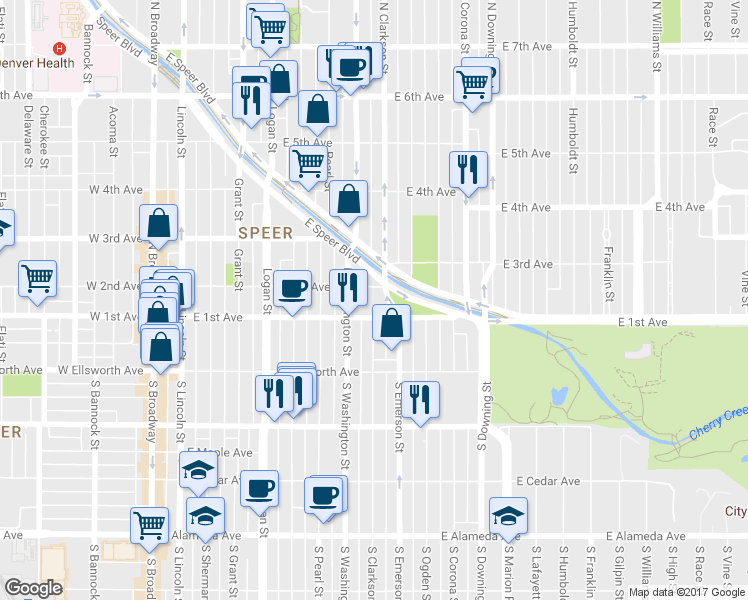 map of restaurants, bars, coffee shops, grocery stores, and more near 100 North Clarkson street in Denver