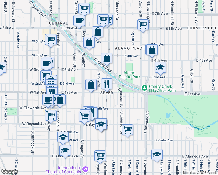 map of restaurants, bars, coffee shops, grocery stores, and more near 703 East 1st Avenue in Denver