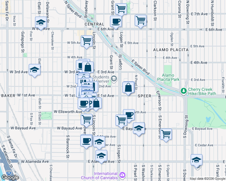 map of restaurants, bars, coffee shops, grocery stores, and more near 104 Grant Street in Denver
