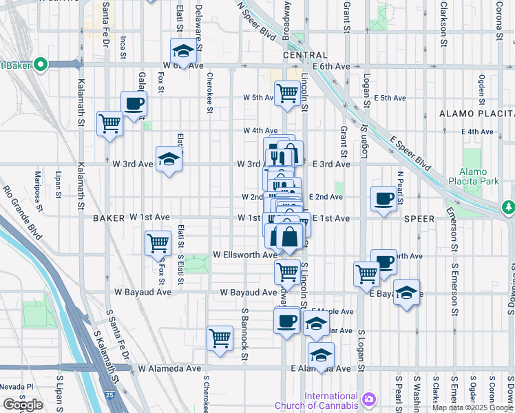 map of restaurants, bars, coffee shops, grocery stores, and more near 107 Acoma Street in Denver